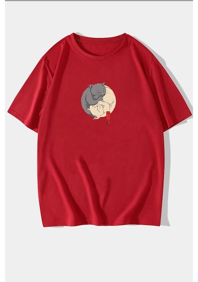 Unisex Kedi Baskılı T-shirt Kırmızı