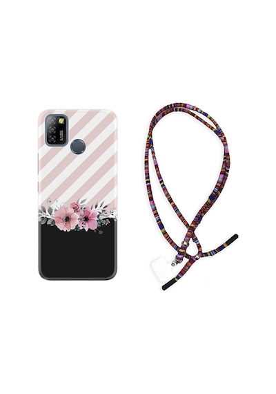 Infinix Smart 5 Kılıf Rasta Boyun Askılı Strip Pink Flowers 1396
