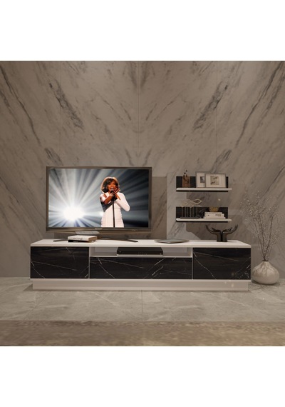 Decoraktiv Trendstyle 4s Mdf Tv Ünitesi Tv Sehpası Beyaz - Siyah Mermer