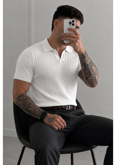 Tarz Cool Premium Fitilli Triko Polo Yaka Erkek Old Money T-shirt Beyaz