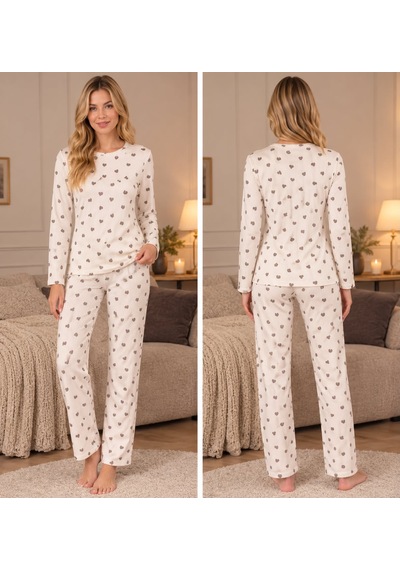 Lila İç Giyim Kadın Ekru Kalp Desenli Fitilli Kaşkorse Pijama Takımı Uzun Kollu Ev Giyimi