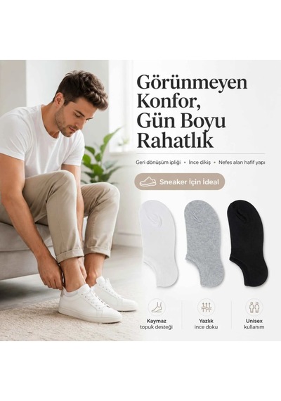 Genel Erkek Geri Dönüşüm İplikli 12 Li Görünmez Sneaker Çorap, İnce Dikişli, Ne Çok Renkli 12'li / 39-44