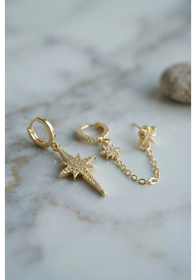 3 Lü Set Küpe Gold Renk Zincir Detaylı Altın