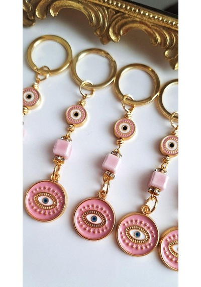 Hediyelik 5'li Zirkon Taşlı Nazar Boncuklu Pembe Şık Anahtarlık 10,5 Cm