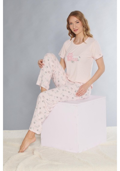 Dowry Kısa Kol Pijama Takım Sevimli Desenli Yazlık Viskon Pijama Dowry 08-127 Pembe