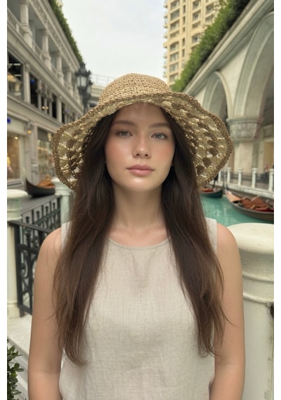 Mollycrush Kadın Yazlık Hasır Camel Şapka Dantel Kenarlı Bohem Plaj Aksesuarı Camel