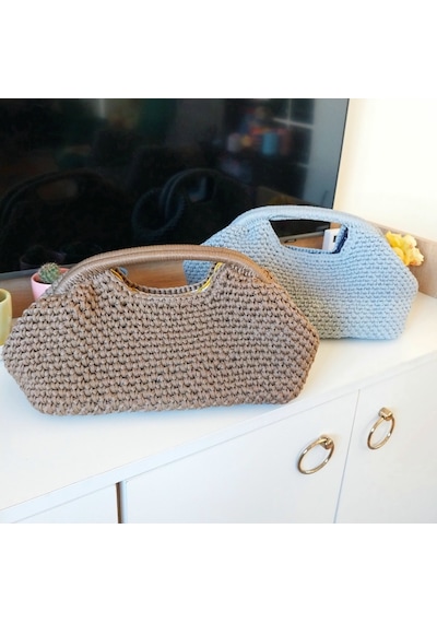 Kemzey Handmade Parlak Tutmalı El Çantaları , El Yapımı Işıltılı Clutch, Örgü El Çantası Camel