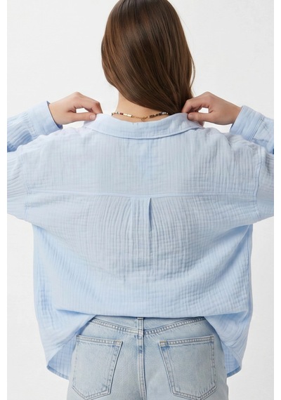 Dıanna Kadın Oversize Uzun Kollu Gömlek %100 Pamuk Bebe Mavisi