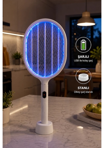 Glr Ltd-718 Beyaz Elektrikli Sinek Raketi 1200mah Bataryalı, Type-c Şarjlı, Dijital Ekranlı Sinek Ö