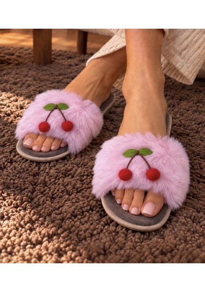 Kadın Kiraz Detaylı Tüylü Peluş Terlik Pembe