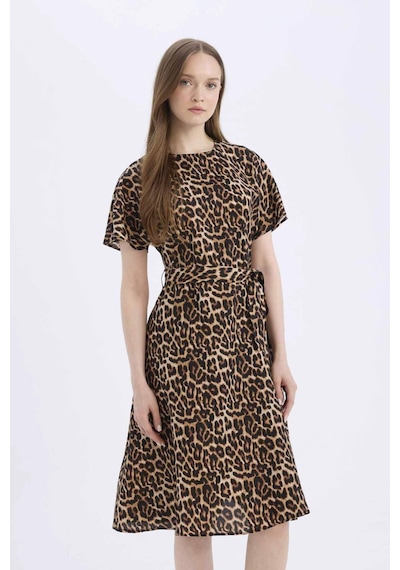 DeFacto Regular Fit Bisiklet Yaka Leopar Desenli Kuşaklı Kısa Kollu Midi Elbise E7113AX25SPBG150