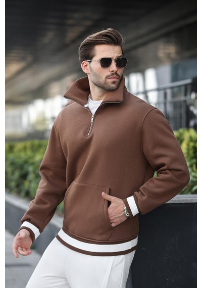 Madmext Kahverengi Fermuarlı Dik Yaka Kanguru Cep Erkek Sweatshirt E7159 Kahverengi