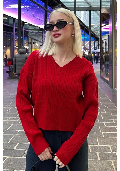 Madmext Kırmızı V Yaka Örgülü Triko Kadın Kazak Mg2258 Kırmızı