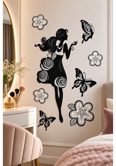 3d Simli Kız Silüeti Duvar Stickerı 32x50 Cm Kelebekli Çiçekli Siyah Beyaz Oda Duvar Dekorasyonu Renkli