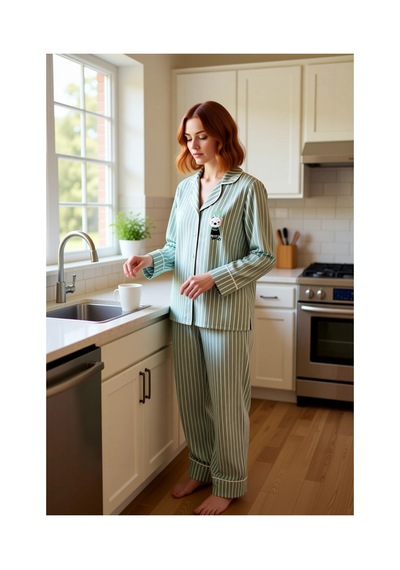 Ersefa Kadın Gömlek Yaka Çizgili Pamuklu Pijama Takımı Penguen Detaylı F Mint
