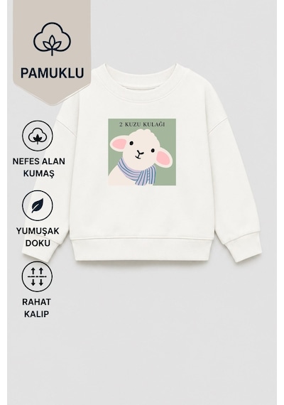 Monila Unisex Çocuk 3 İplik Kumaş Pamuklu Kuzu Kulağı Baskılı Sweatshirt Ekru