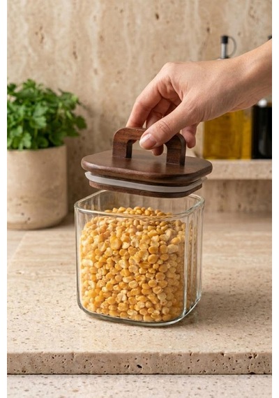 Atbyhome Akasya Saplı Cam Kavanoz 700 Ml - Vakumlu Çizgili Cam Baharatlık Kahve Ve Bakliyat Kabı Kahverengi