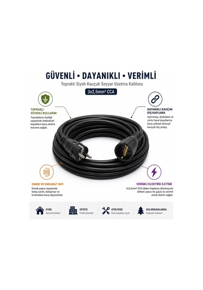 3x2.5mm Ttr Topraklı Siyah Kauçuk Seyyar Uzatma Kablosu 35 Metre