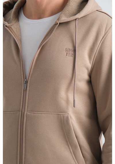 Shooter Sportswear Erkek Kışlık Eşofman Takımı Thermosoft Teknolojisi İçi Kuzu Görünümlü Regular Kalıp Minimal Logo Kapüşonlu Vizon