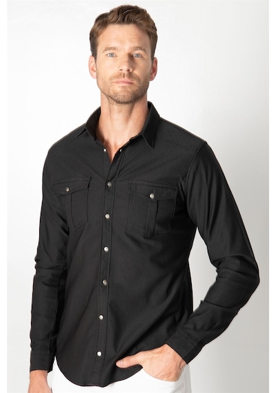Tudors Slim Fit Dar Kesim Uzun Kol Erkek Kot Gömlek-25512 Siyah