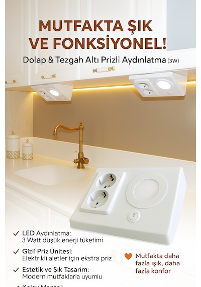Dolap Ve Tezgah Altı Prizli Led Aydınlatma 3 Watt Beyaz Işık
