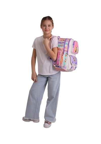 Kaukko Kids Dört Bölmeli Kız Çocuk Cat Life Baskılı Mor - Krem Okul Sırt Çantası - L5313