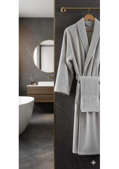 Belinis %100 Pamuk Otel & Spa Kalitesinde Yumuşak Yüksek Su Emici 1 Adet Bornoz 1 Adet 50 X90 Cm Havlu Renk Gri Açik Gri