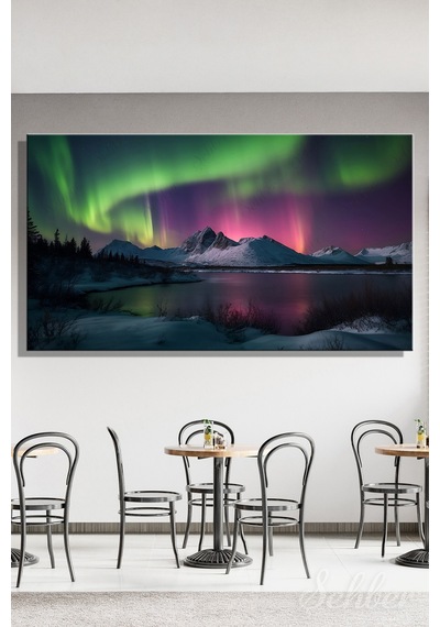 Kanvas Tablo Panoramik Yatay Tekli Ev Kafe Ofis Alaska Dağları Kuzey Işıkları Manzarası 2370