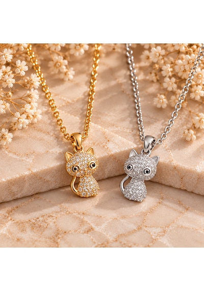 Gold & Gümüş Taşlı Kedi Figürlü Kolye Altın