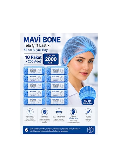 Saç Bonesi - Mavi Tela Kumaş 52 Cm Büyük Boy Çift Lastikli 10 Paket X 200 Adet Toplam 2000 Adet