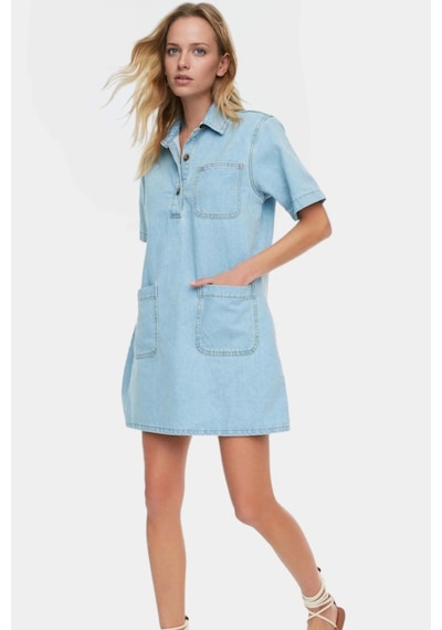 Ersefa Kısa Kollu Denim Gömlek Elbise Mini Boy Casual Günlük Pamuk Yükse Açık Mavi
