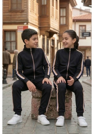 Pina Kids Erkek Çocuk Dik Yaka Üç Şeritli Şardonlu Dalgıç Eşofman Takımı Bej - Siyah
