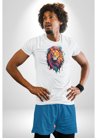 Renkli Yağlı Boya Aslan Unisex Unisex Beyaz Organik Baskılı T-shirt Penye Yüksek Kalite Beyaz