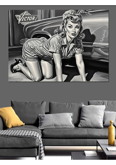 Mini Elbiseli Tamirci Pin Up Kadın Dekoratif Kanvas - Mdf Ahşap Tablo