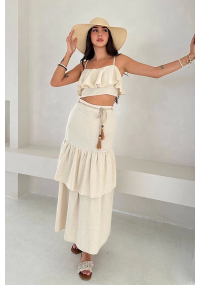 Asprin Fashion Kat Bluz Etek Takım Ekru Beyaz
