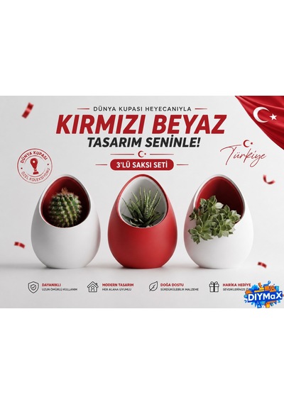 Dünya Kupası Milli Takım Özel Koleksiyon 3'lü Saksı Seti Kırmızı Beyaz Yumurta Tasarım