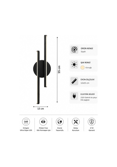 AvizeGO Aden Modern Led Duvar Apliği Günışığı Siyah