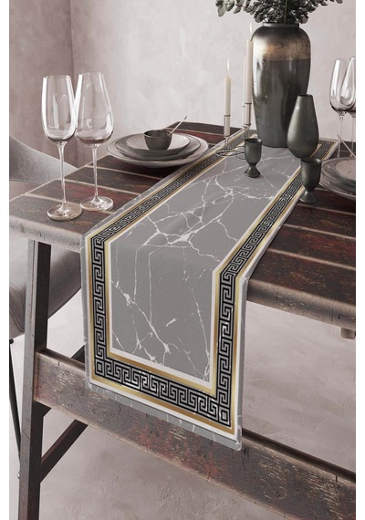 Gri Çerçeveli Desen Premium Masa Örtüsü Runner Rnr328