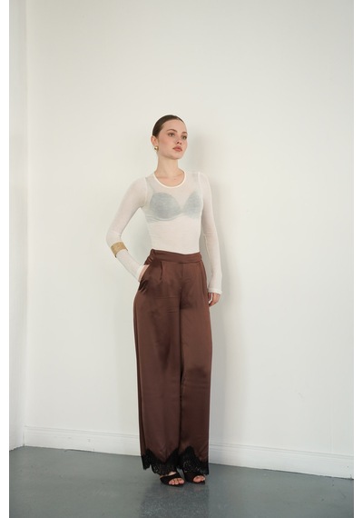 Verymoda Paçası Dantelli Saten Pantolon D2969 Kahve