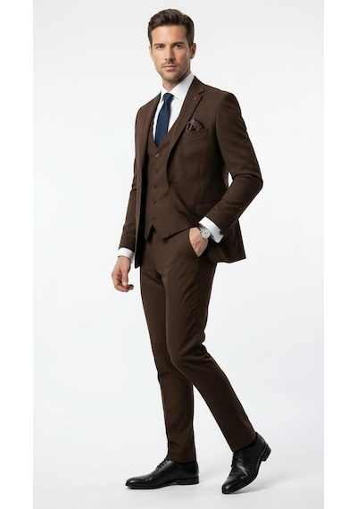 Erkek 3 Parça Slim Fit Takım Elbise Klasik Likralı Kumaş, Tek Düğme, Çift Yırtmaçlı Modern Kesim Ceket Yelek Pantolon Kahverengi