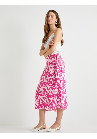 Koton Midi Çiçekli Kruvaze Etek Bağlama Detaylı Pembe Desenli 4sak70255pw Pembe Desenli