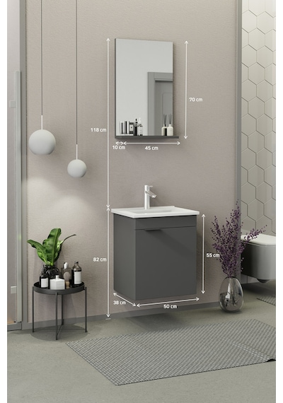 Biani Fix Arya Slım 50 Cm Banyo Dolabı,Seramik Lavabolu, Aynalı,Lavabo Dahil,Mdf,Mat Gri