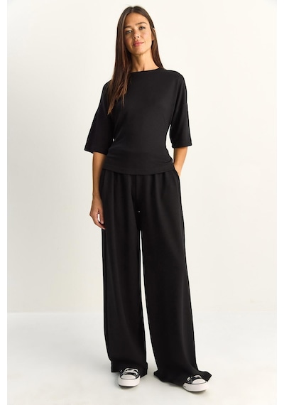 Shade Kadın Belden Bağlamalı Basic T-shirt Bol Paça Pantolon Alt-üst Modal Takım 4114 60286087 - Siyah