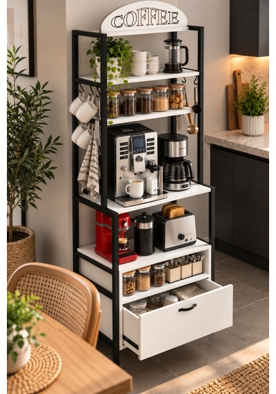 Sulorahome Metal Kahve Köşesi Ve Mutfak Düzenleyici Stand 196 Cm Beyaz