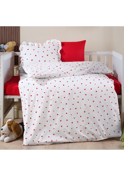 Lüks Ranforce Kumaşından Kırmızı Kalpli Bebek Nevresim Takımı 100x150 Kırmızı