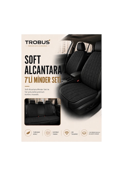 Opel Astra 2000-2004 Üniversal Soft Alkantra Kare Desen 7 Parça Oto Koltuk Minderi Siyah