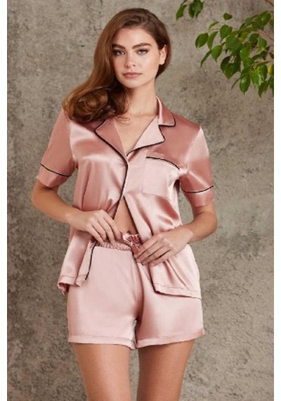Pierre Cardin 1205 Kadın Saten Önden Düğmeli Şortlu Pijama Takım-brandy Pembe
