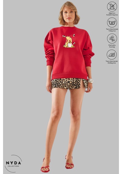 Unisex Uzun Kollu Winnie The Pooh Baskılı Bisiklet Yaka Kapüşonsuz Şardonlu Oversize Sweatshirt Kırmızı