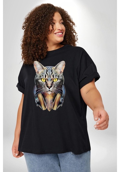 Angemiel Kulaklık Kedi Siyah Büyük Beden Erkek Kadın Unisex Basic Ön Baskılı Tişört Siyah