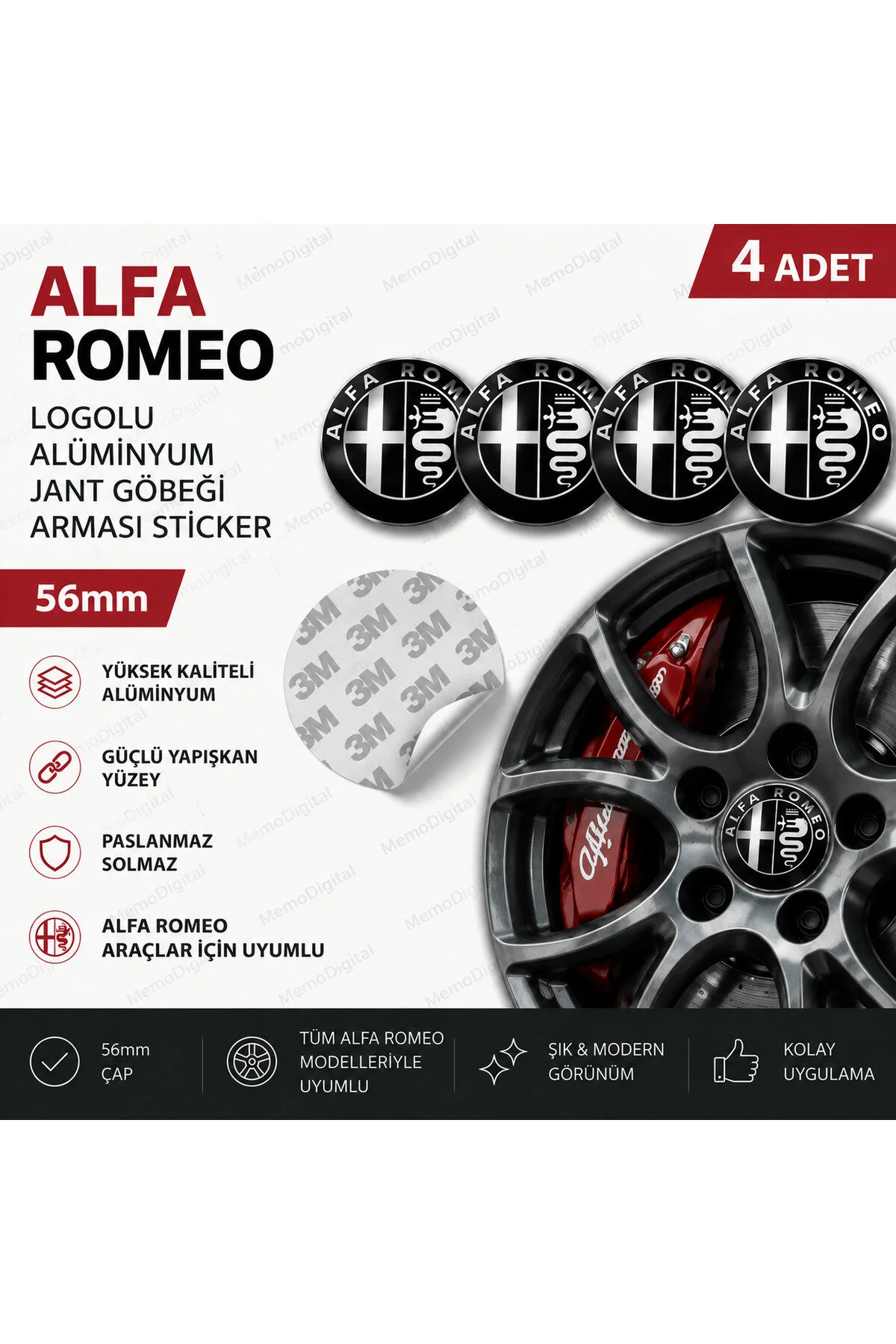 Universal Alfa Romeo Logolu Alüminyum Jant Göbeği Arması Sticker 56mm - 4 Adet